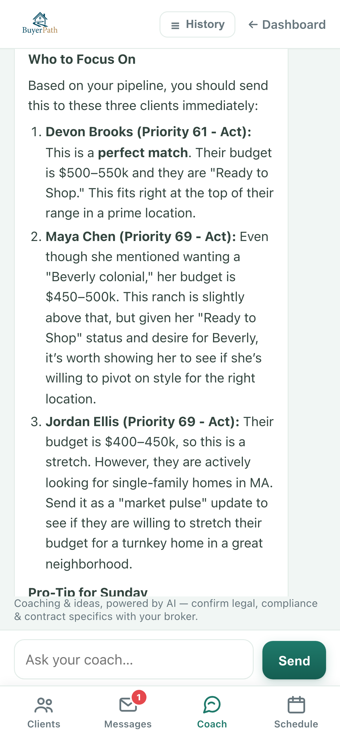AI coach naming which three clients to send a new listing to, with the reason for each and a call script
