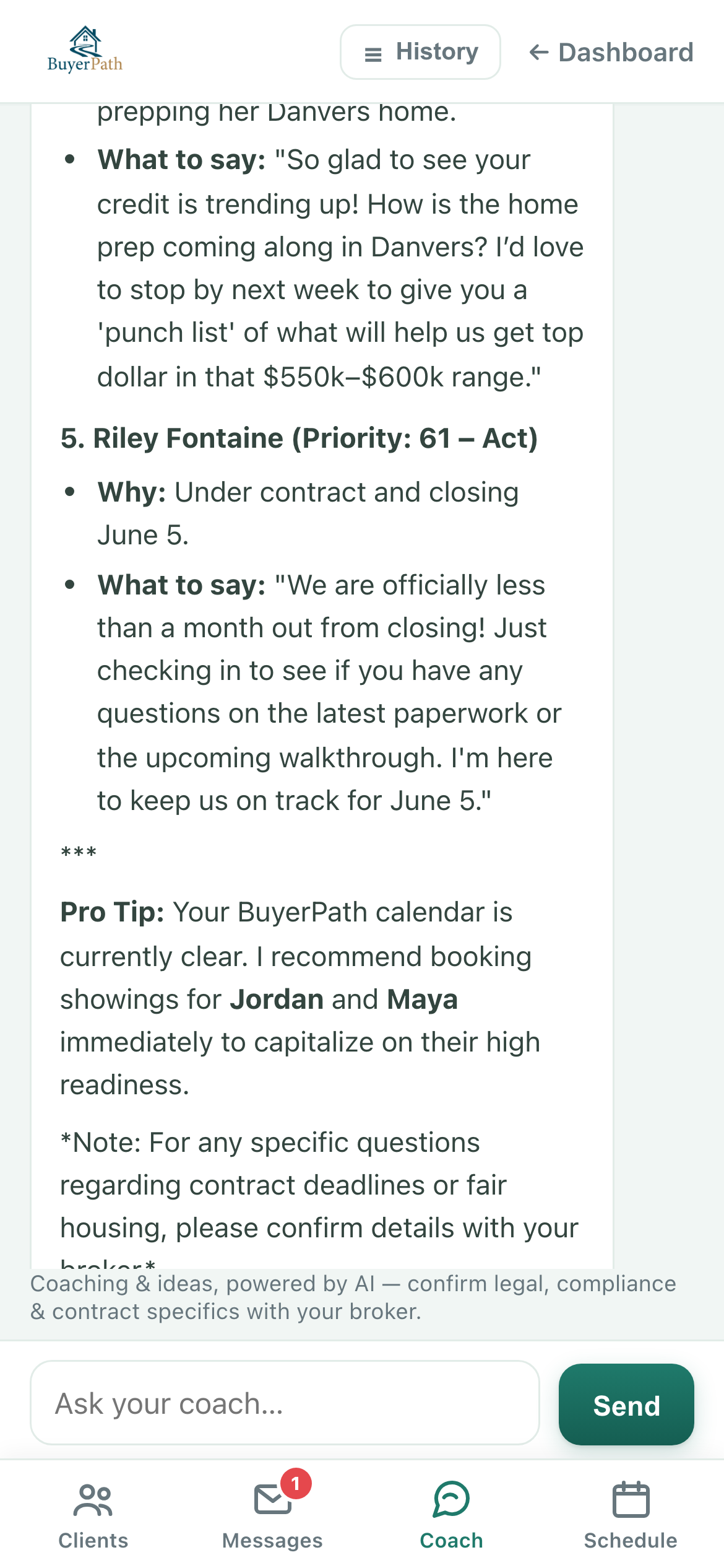 AI coach naming which three clients to send a new listing to, with the reason for each and a call script
