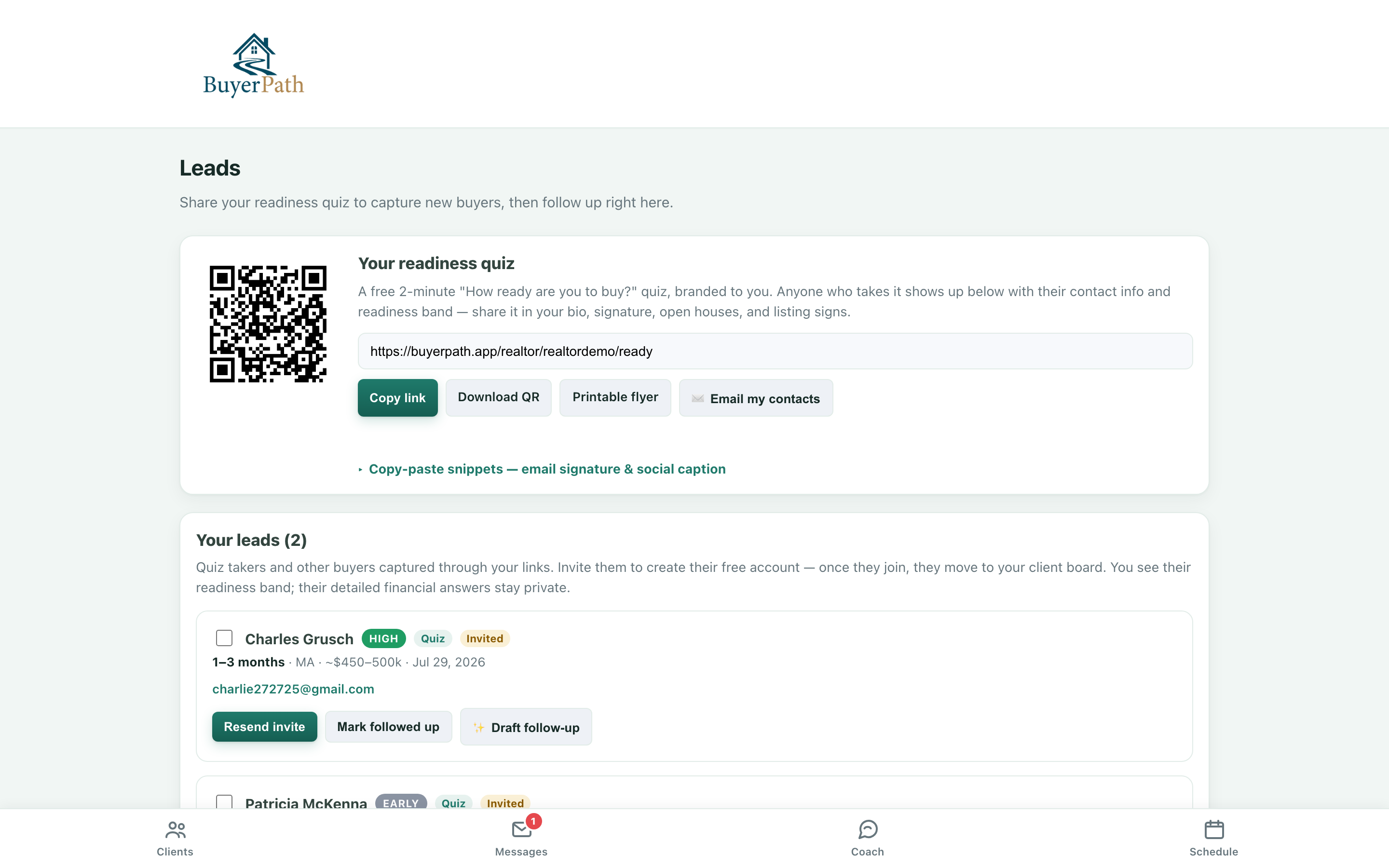 Leads page — a branded readiness-quiz link with QR code and printable flyer, above captured leads showing readiness bands, timelines, and one-tap invites