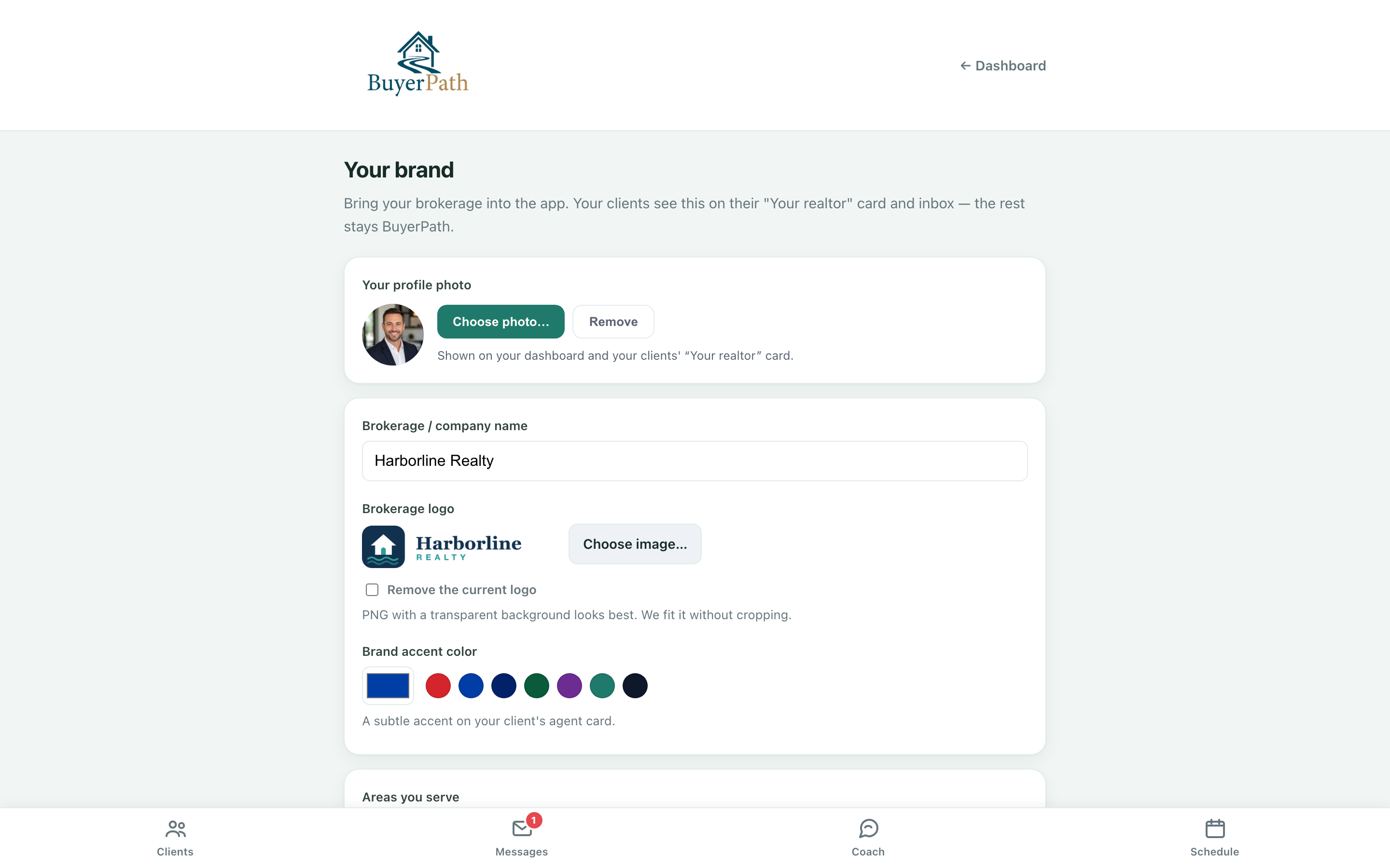Your brand settings — profile photo, brokerage logo and accent color, service areas, calendar and Google Drive connections, and scheduling hours