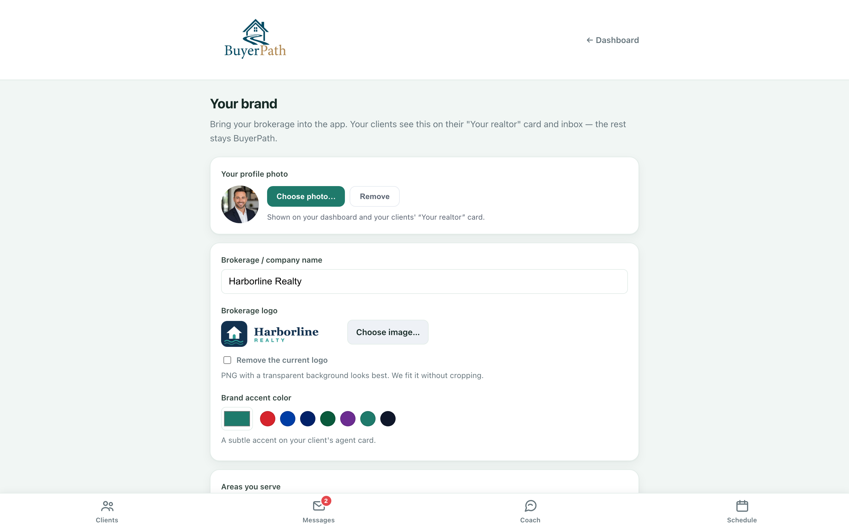 Your brand settings — profile photo, brokerage logo and accent color, service areas, calendar and Google Drive connections, and scheduling hours