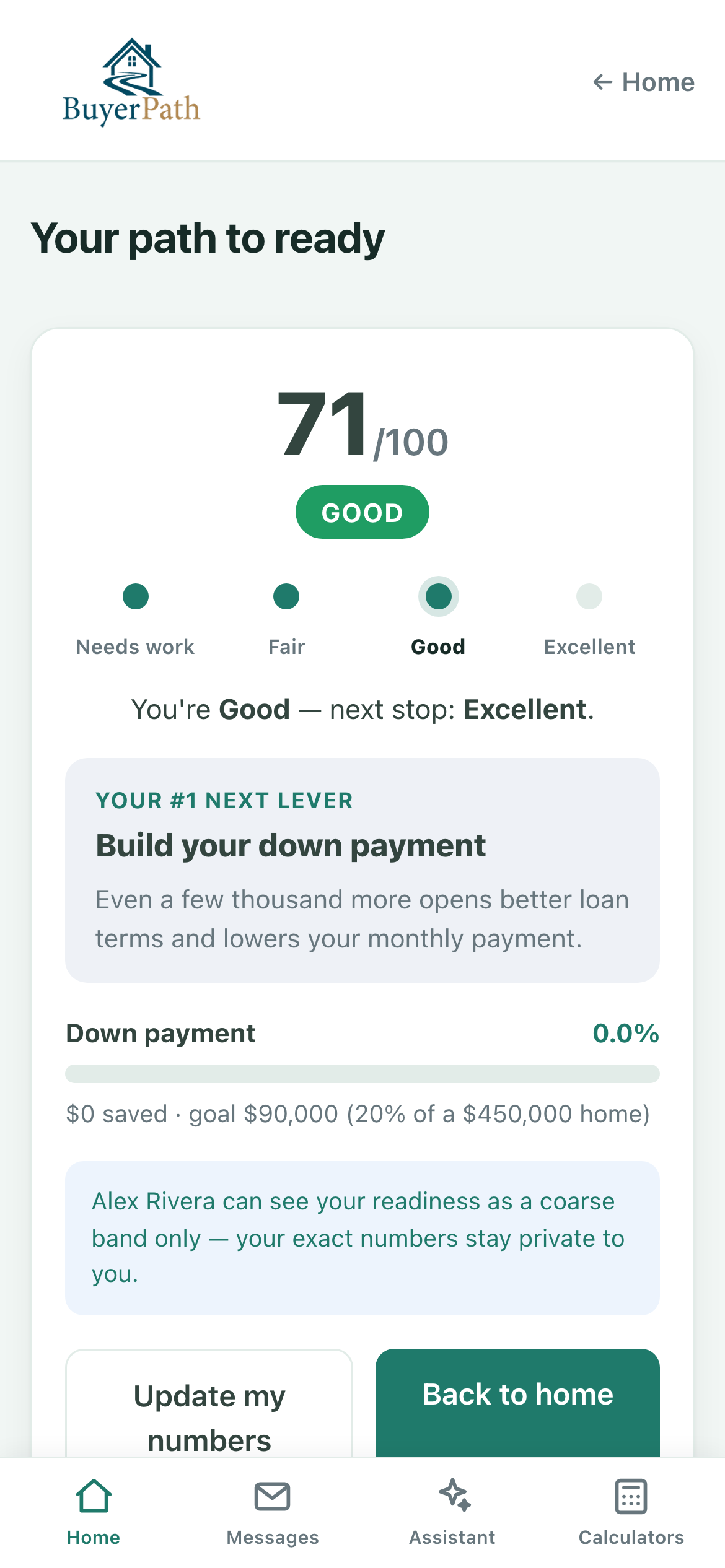 Buyer readiness screen with a coarse band and next lever, noting the agent never sees exact numbers